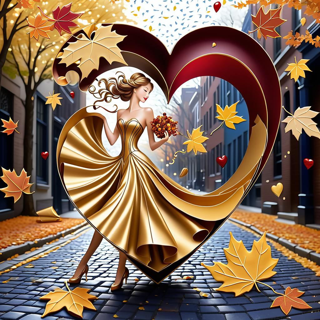  luxury product style on a carpet of yellow leaves in a simple dress of wind given crepe autumn danced a waltz boston in an alleyway. the warm day flew away and the saxophone sang hoarsely. (background of the card): falling autumn leaves, a whirlwind of autumn leaves, wind saxophone, ((a box of chocolates, the inscription "autumn waltz")) , a greeting card. (heart), a beautiful figure made of contours in the shape of a heart. (heart colour): night sky background, stars, gold pattern. (style):fantasy, autumn art, autumn romance. (colours):gold, green gold, navy blue, red, red gold, brown gold, silver, golden blue, bluish blue, dark blue on gold . elegant, sophisticated, high end, luxurious, professional, highly detailed