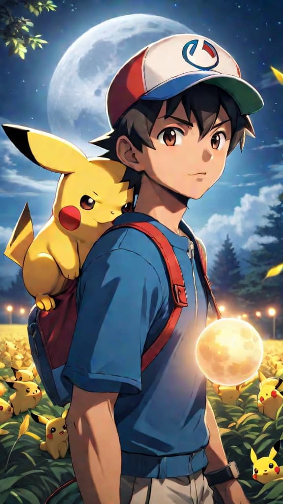  anime art of ash ketchum under full moon, releasing tiny electric yellow pikachu from pokéball, pokémon series hyperrealistic, full body, detailed clothing, highly detailed, cinematic lighting, stunningly beautiful, intricate, sharp focus, f/1. 8, 85mm, (centered image composition), (professionally color graded), ((bright soft diffused light)), volumetric fog, trending on instagram, trending on tumblr, HDR 4K, 8K