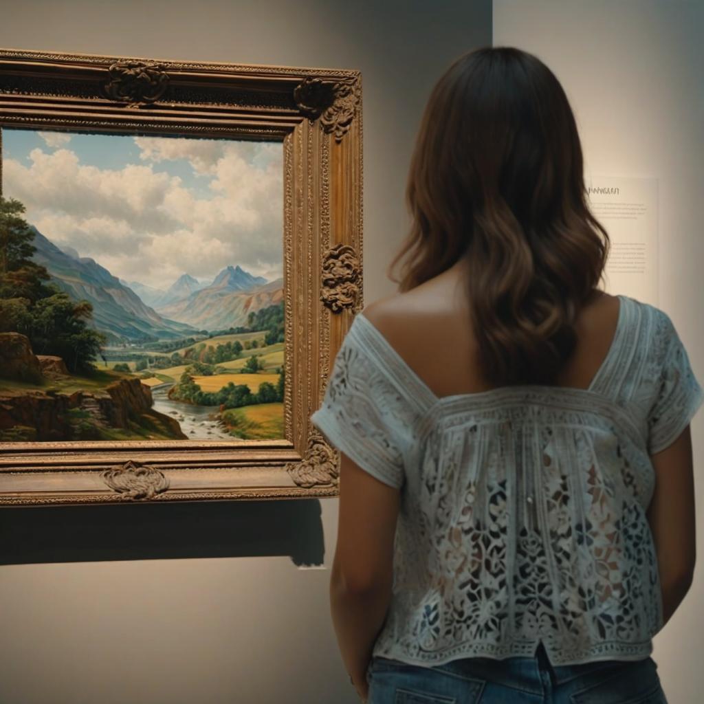  generate an image of a woman looking at a painting in a museum. the painting she looks at is also in the museum. she places her hands behind her back while looking at the painting photo realistic, highly intricate and detailed, masterpiece, ultra high res,photography,8k resolution