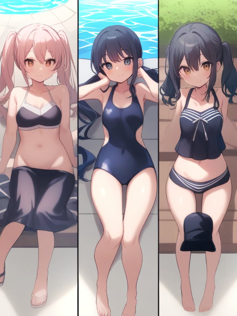  women's elementary students, twin tails, cute smiles, rich s, low stages, dark blue swimwear, old swimwear, swimwear, simple, male, shaped clear penalties, shaped clear philosopathy,, and swelling, front, front. the whole body, pool side,