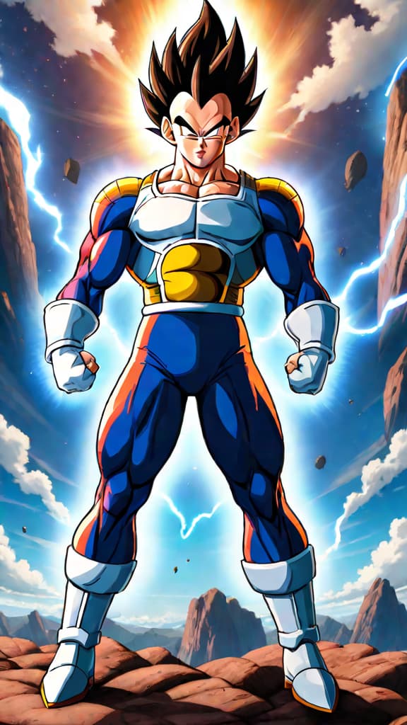  anime art: vegeta's ultra ego powers up from pain, embodying relentless force against goku's ultra instinct. hyperrealistic, full body, detailed clothing, highly detailed, cinematic lighting, stunningly beautiful, intricate, sharp focus, f/1. 8, 85mm, (centered image composition), (professionally color graded), ((bright soft diffused light)), volumetric fog, trending on instagram, trending on tumblr, HDR 4K, 8K