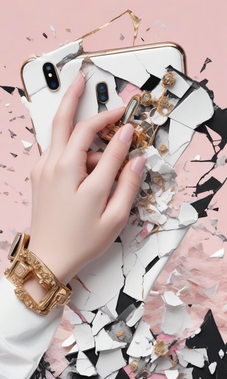  concept art color pink, white, black, gold hand holding the phone broken . digital artwork, illustrative, painterly, matte painting, highly detailed, perfect hands