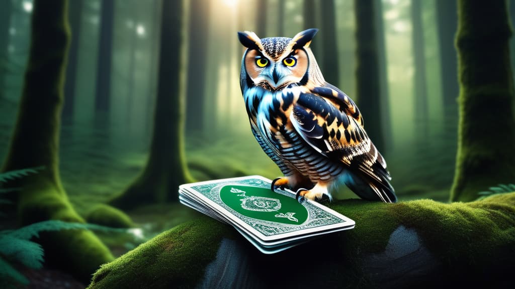  Tarot cards in the forest next to an owl with green eyes ar 16:9 high quality, detailed intricate insanely detailed, flattering light, RAW photo, photography, photorealistic, ultra detailed, depth of field, 8k resolution , detailed background, f1.4, sharpened focus
