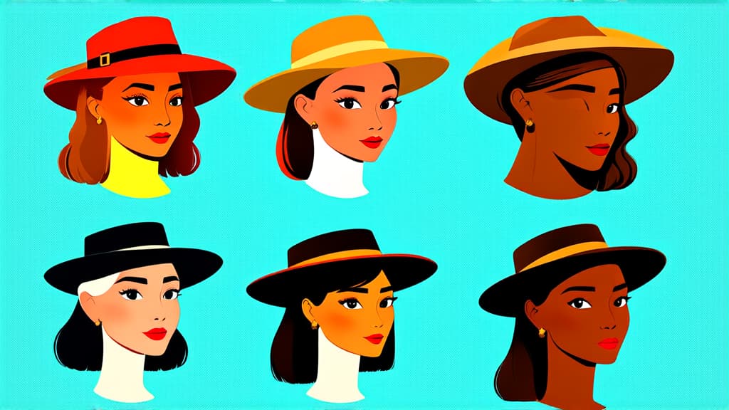  flat illustration, flaticon, (illustration:1.15), different beauty. set of different female heads in hats. different races and nationalities. colored hand drawn illustration ar 16:9, [cory loftis, strobist, pascal campion :: 0.2]