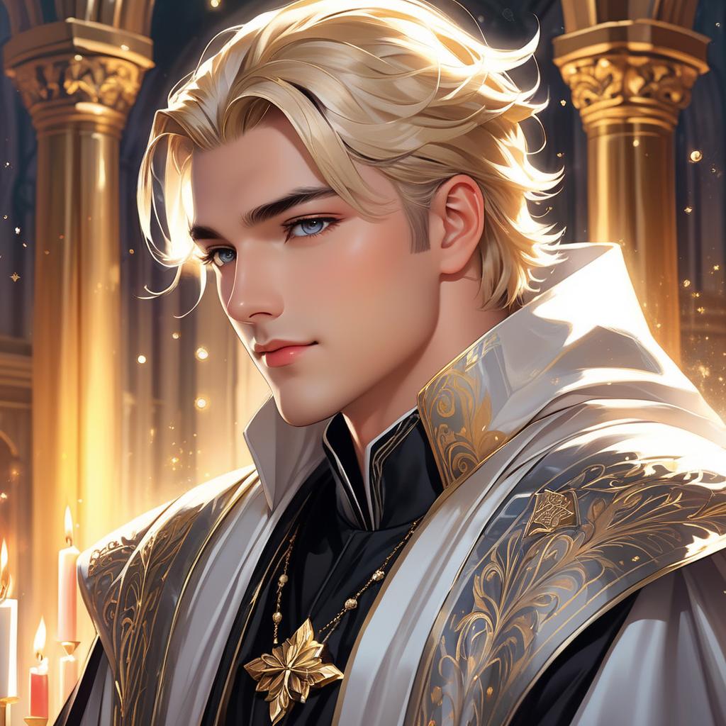  ethereal fantasy concept art of 1 guy, slicked back blonde hair, in 40’s, chiseled face, wearing black gold and silver priest robes, a warm smile, eyes closed, hands clasped together at his waist, in a small medieval church,. magnificent, celestial, ethereal, painterly, epic, majestic, magical, fantasy art, cover art, dreamy