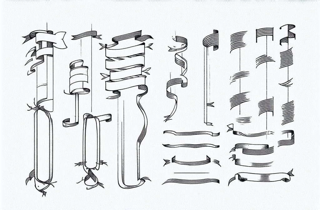  contour, very simple image in one unbroken black ink line, single line of a set of paper scrolls, banners, ribbons and flags design elements in an engraved or etched hand line drawn style. ar 3:2 using a single continuous black line ink brushon white background, drawing should be created without lifting the pen, recognizable features of a set of paper scrolls, banners, ribbons and flags design elements in an engraved or etched hand line drawn style. ar 3:2 in one unbroken line