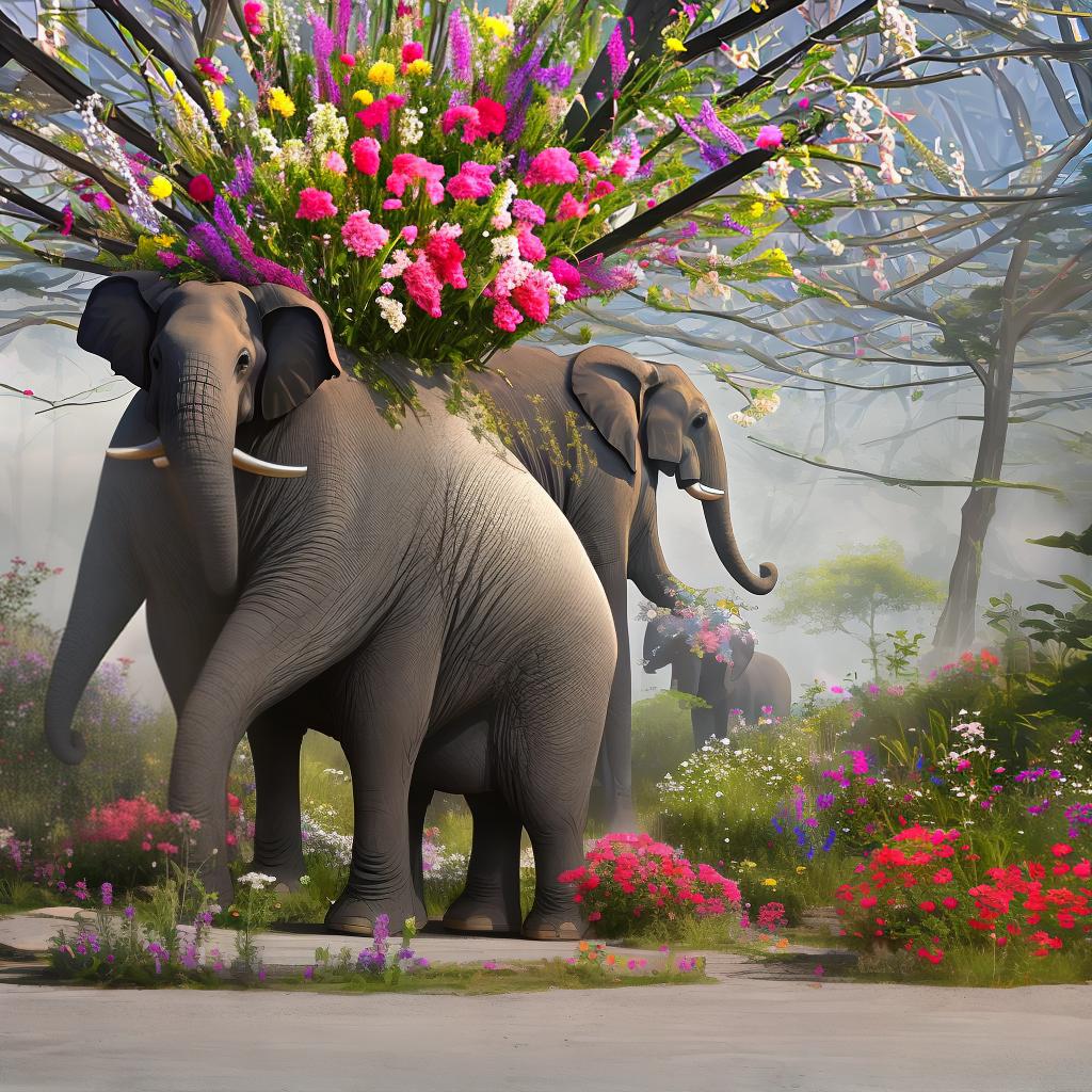  Futuristic image of an elephant wearing a bouquet of wildflowers Apply the Following Styles: Arte Povera hyperrealistic, full body, detailed clothing, highly detailed, cinematic lighting, stunningly beautiful, intricate, sharp focus, f/1. 8, 85mm, (centered image composition), (professionally color graded), ((bright soft diffused light)), volumetric fog, trending on instagram, trending on tumblr, HDR 4K, 8K