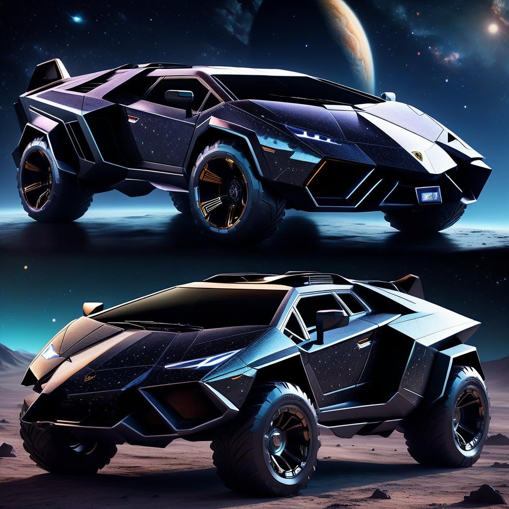  space themed retro futuristic, black, brutal suv, externally reminiscent of the lamborghini countach. . cosmic, celestial, stars, galaxies, nebulas, planets, science fiction, highly detailed