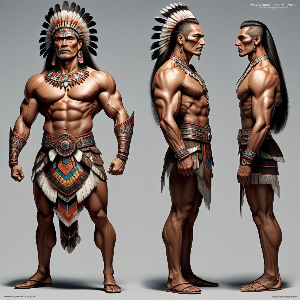  visualization of power as a person, full height, characteristic power posture, characteristic power physique, characteristic power facial expression, characteristic power hairstyle, characteristic power dress, male character, aztec style, mature age