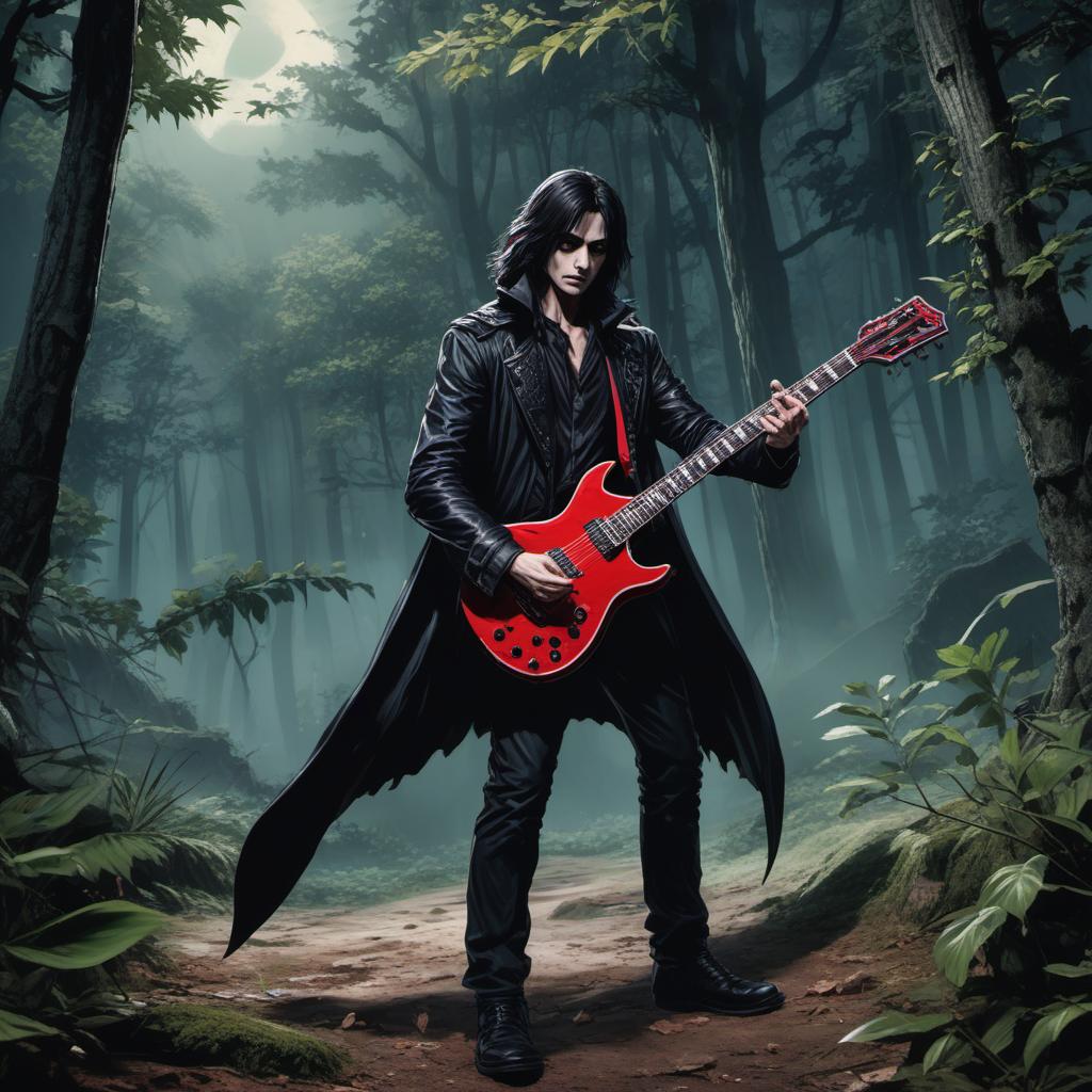  un vampire guitare hero dans une forêt hantée , comic style, manga and manhwa style, painting style