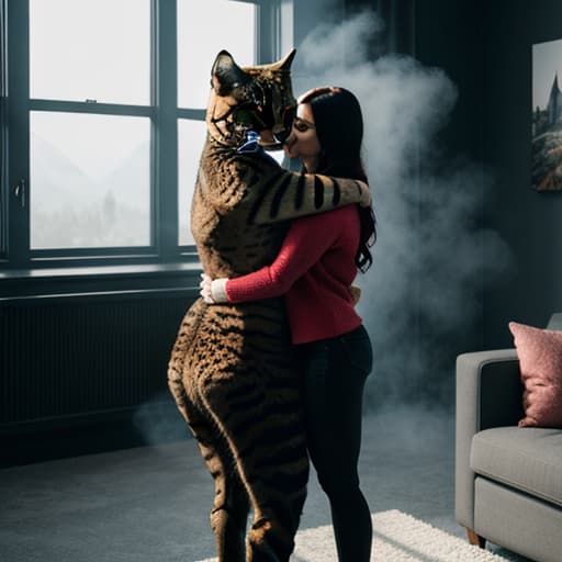  a big cat hugs a cute girl in the living room,pokemon,batman,mount fuji hyperrealistic, full body, detailed clothing, highly detailed, cinematic lighting, stunningly beautiful, intricate, sharp focus, f/1. 8, 85mm, (centered image composition), (professionally color graded), ((bright soft diffused light)), volumetric fog, trending on instagram, trending on tumblr, HDR 4K, 8K