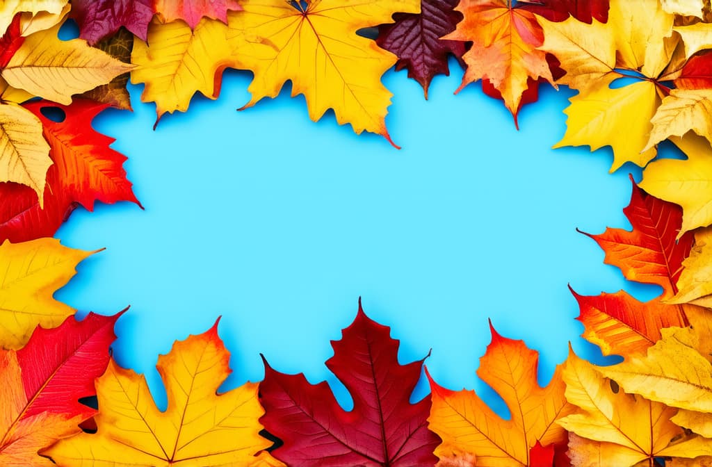  professional detailed photography, this autumn leaves cutout includes yellow, red, and orange foliage on a natural background. a border frame with colorful leaves frames the image. vibrant fall colors ar 3:2, (muted colors, dim colors, soothing tones), (vsco:0.3)