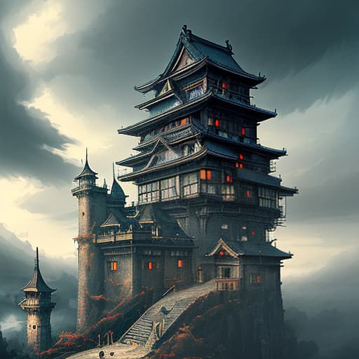  landscape, in the distance, a japanese castle to which 6 narrow stairs lead from different sides, which stands on a clockwork mechanism, a large gear, everywhere clouds, steam, cloudy weather, steampunk, blue sky, dark , creepy , blood , monsters , by jason engle , carlos huante , charlie bowater , simon lee , brom