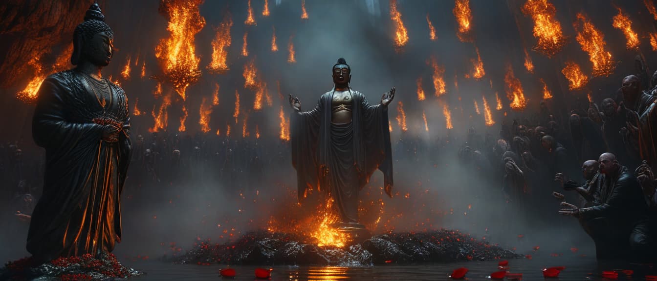  best quality, hd, n this vivid depiction, buddha is shown descending into the fiery depths of hell, surrounded by tormented souls and demonic figures. the environment is harsh, with flames and dark shadows contrasting starkly against buddha's serene and radiant presence. buddha is depicted with an outstretched hand, offering a lotus flower to a suffering soul. his calm and compassionate demeanor brings a sense of hope and peace to the chaotic scene, symbolizing his boundless compassion and the promise of salvation for even the most tormented beings. hyperrealistic, full body, detailed clothing, highly detailed, cinematic lighting, stunningly beautiful, intricate, sharp focus, f/1. 8, 85mm, (centered image composition), (professionally color graded), ((bright soft diffused light)), volumetric fog, trending on instagram, trending on tumblr, HDR 4K, 8K