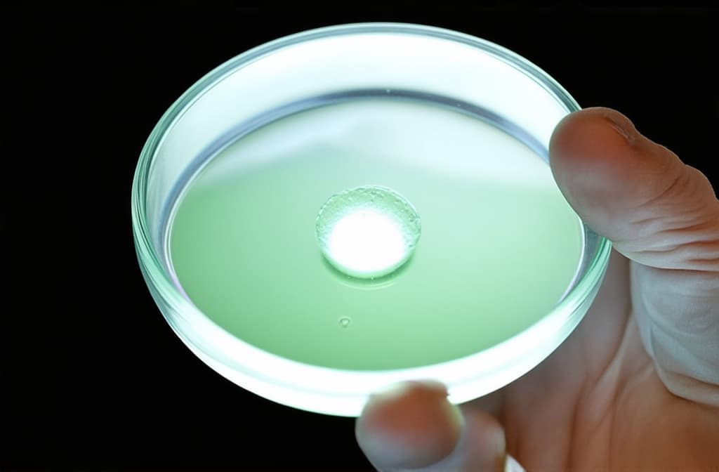  professional detailed photography, close up of a scientists hand holding a petri dish with a glowing sample representing biotechnology ar 3:2, (muted colors, dim colors, soothing tones), (vsco:0.3)