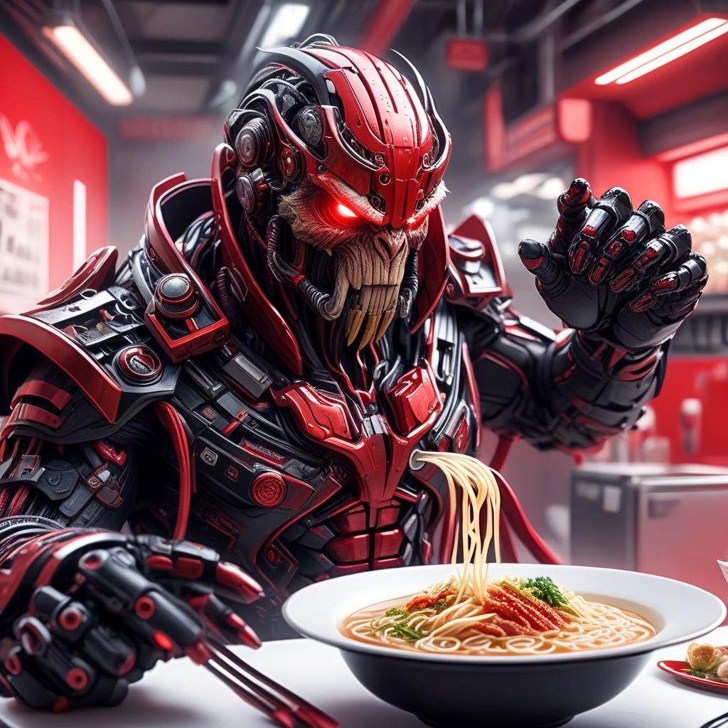  biomechanical cyberpunk mammoth superhero in black and red mafia suit on white background shoots at plate of ramen . cybernetics, human machine fusion, dystopian, organic meets artificial, dark, intricate, highly detailed, perfecteyes, perfect hands