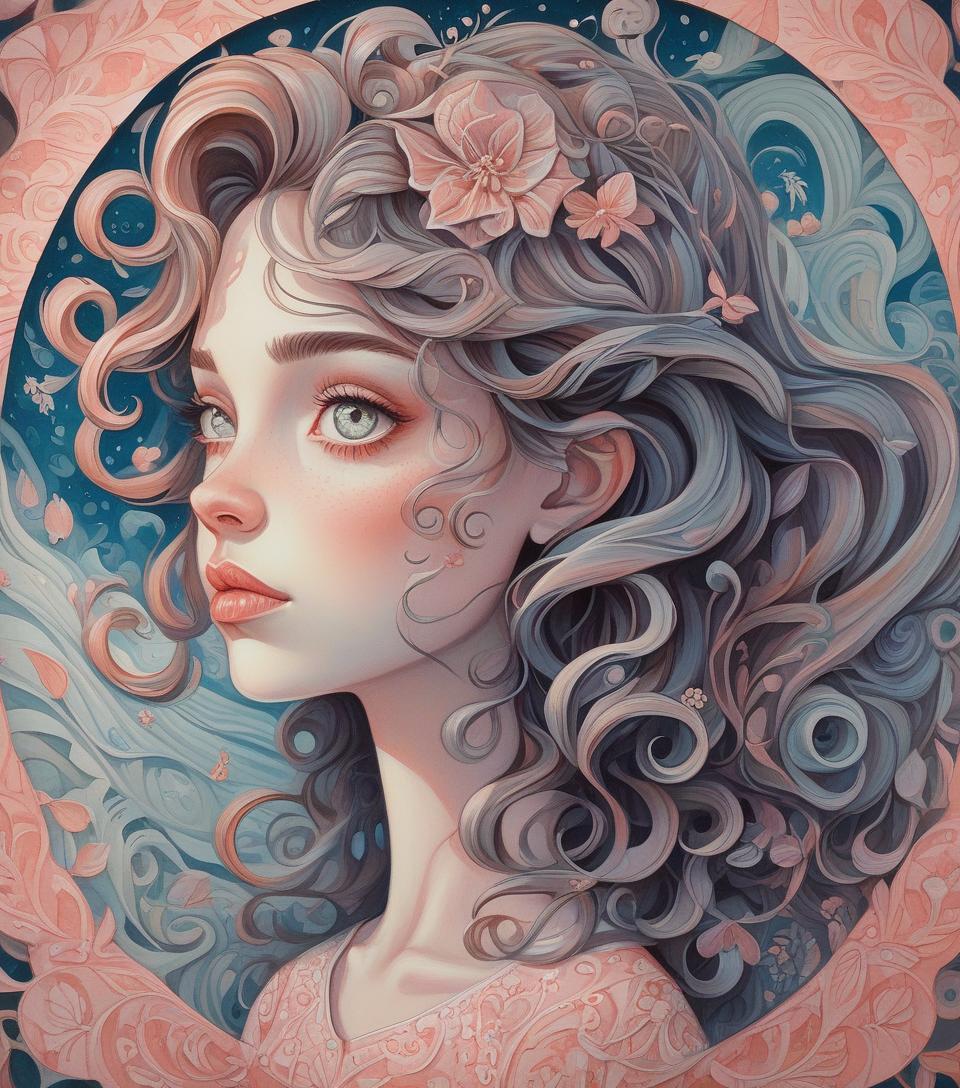  cartoonish, by małgorzata kmiec, round features, oblong face, girl with wavy hair, fantasy, paper, intricate details, artstation, surreal impressionism, feminine, acrylic gouache, trending on deviantart, whimsical, whimsical depiction, on paper