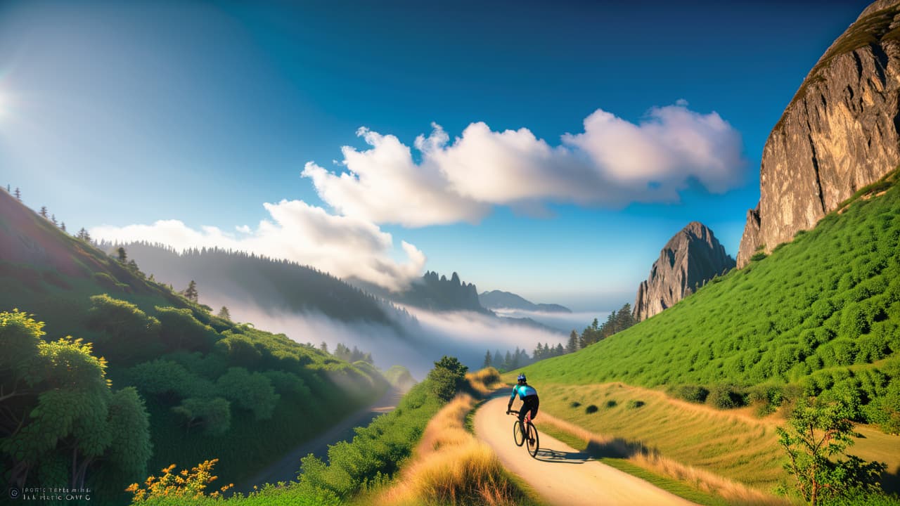  a vibrant mountain scene with a cyclist riding a trail surrounded by lush greenery, rugged rocks, and distant peaks under a clear blue sky, showcasing determination and the thrill of outdoor exercise. hyperrealistic, full body, detailed clothing, highly detailed, cinematic lighting, stunningly beautiful, intricate, sharp focus, f/1. 8, 85mm, (centered image composition), (professionally color graded), ((bright soft diffused light)), volumetric fog, trending on instagram, trending on tumblr, HDR 4K, 8K