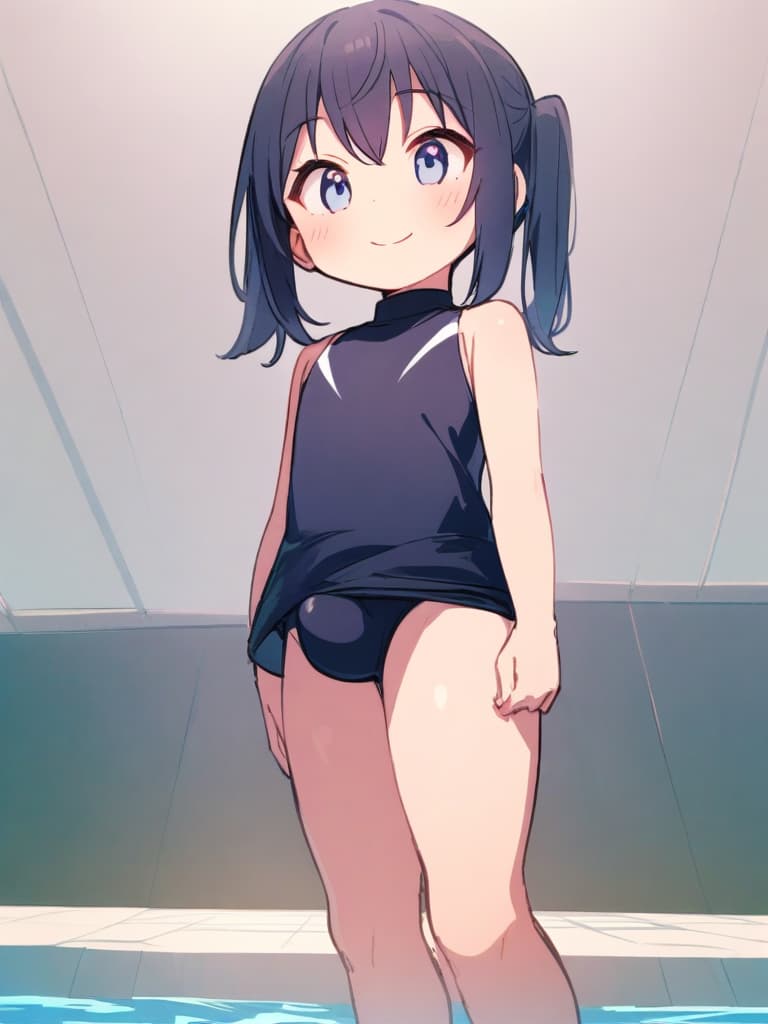  women's elementary students (male), twin tails, cute smiles, (rich s), short stature, dark blue swimwear, old swimwear, swimwear, simple, (upward), upward, (bulge), front, whole body, pool side ,,,