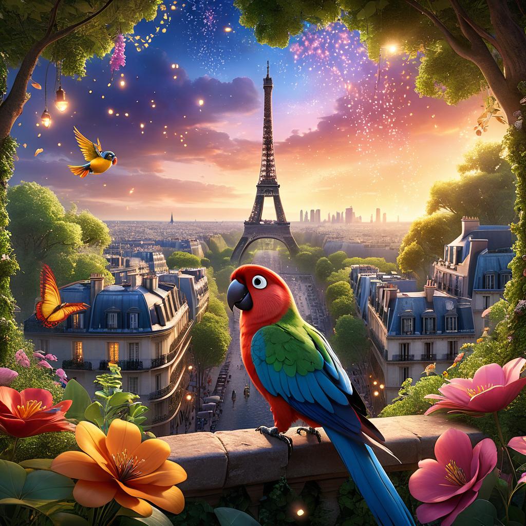  in 3d animated movie style. disney pixar style. paris, a curious in a colorful floral dress, holds a shimmering feather tightly. a magical, mysterious parrot accompanies her. they stand in a forest clearing with sparkling fireflies and colorful leaves floating in the air. the scene radiates mystical wonder with soft, warm lighting accentuating the magic and vint colors. high resolution pixar 3d animated film style with lifelike textures and detailed rendering. bird's eye view perspective capturing paris and the enchanting forest setting.