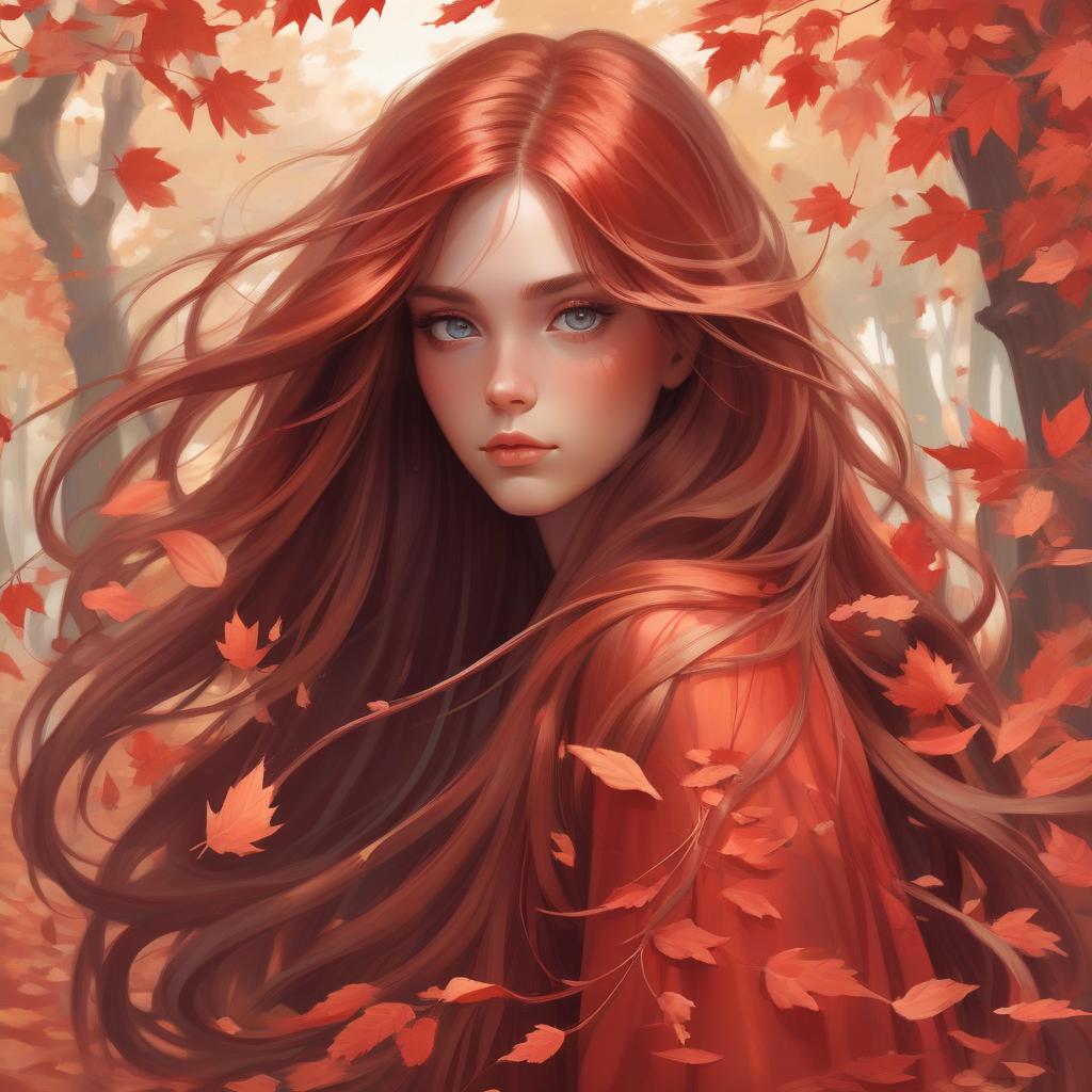  girl with super long hair, hair becoming autumn red leaves, digital painting, detailed eyes, art by artgerm and greg rutkowski and alphonse mucha