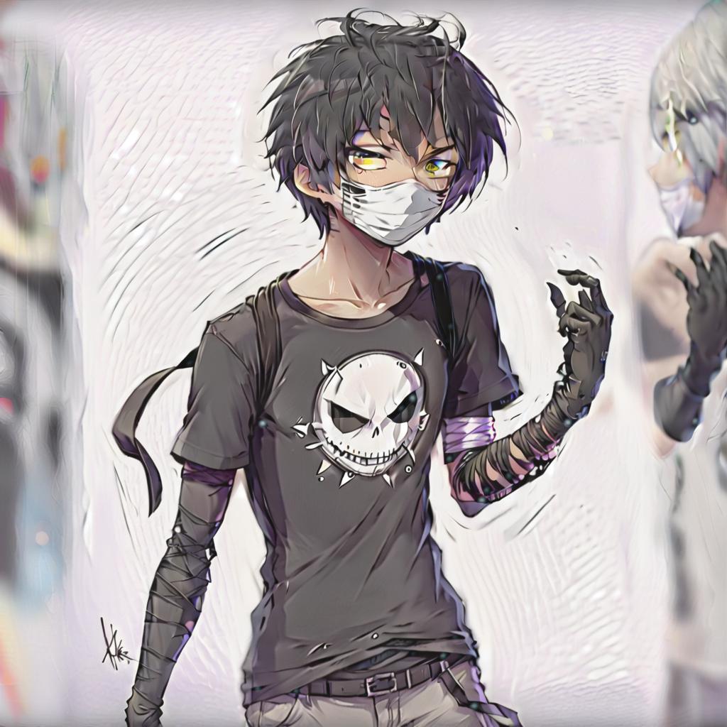  anime sketch. a guy with dull mask of happiness on his face. gray eyes. slender body. bandaged forearms. black t shirt. short black hair. looking at the viewer. simple gray background. 4k. 8k. 16k. high resolution. hdr. high quality. insane detalisation, perfecteyes