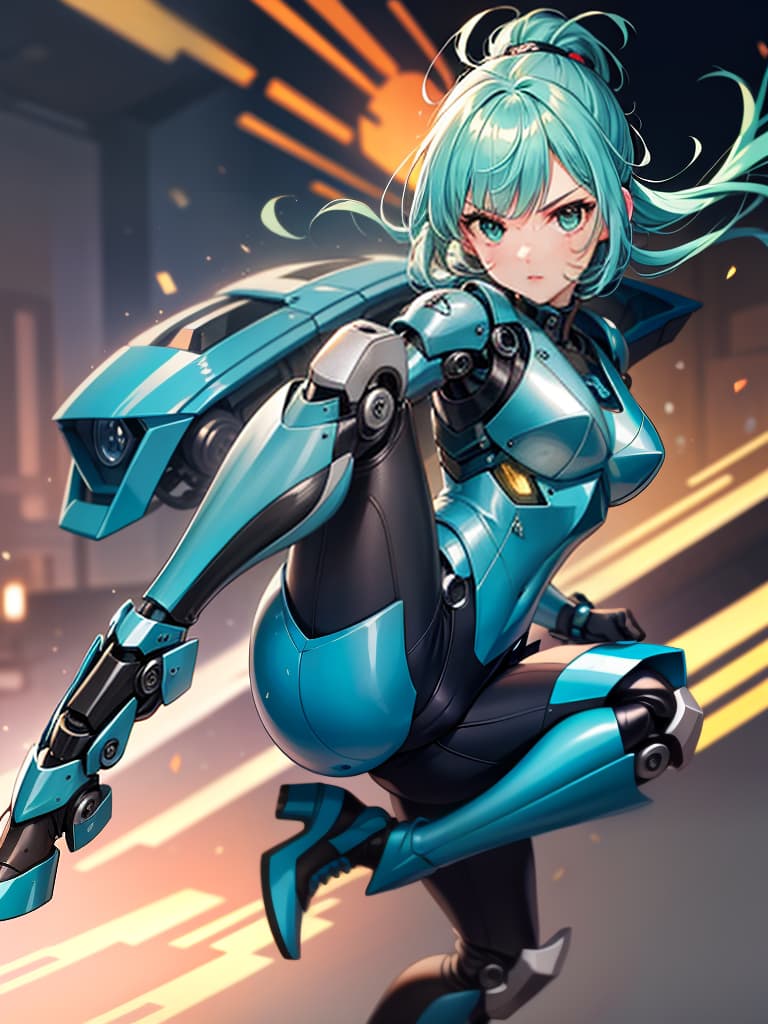  (masterpiece),(insanely detailed face,sole,face and sole focas),(upper body),solo,girl,intelligence,genius,serious,cool,clear face,aqua hair,hair up,sidelocks,ring hair,humanoid,((mechanical joint)),((exoskeleton)),((mechanical legs)),green colored armor,pose,((kicking,high kick)),((incoming kick)),(standing on one leg),((close up sole,blurr sole)), looking at viewer,((sense of movement,speed line,motion blurr,blurr fore ground)),