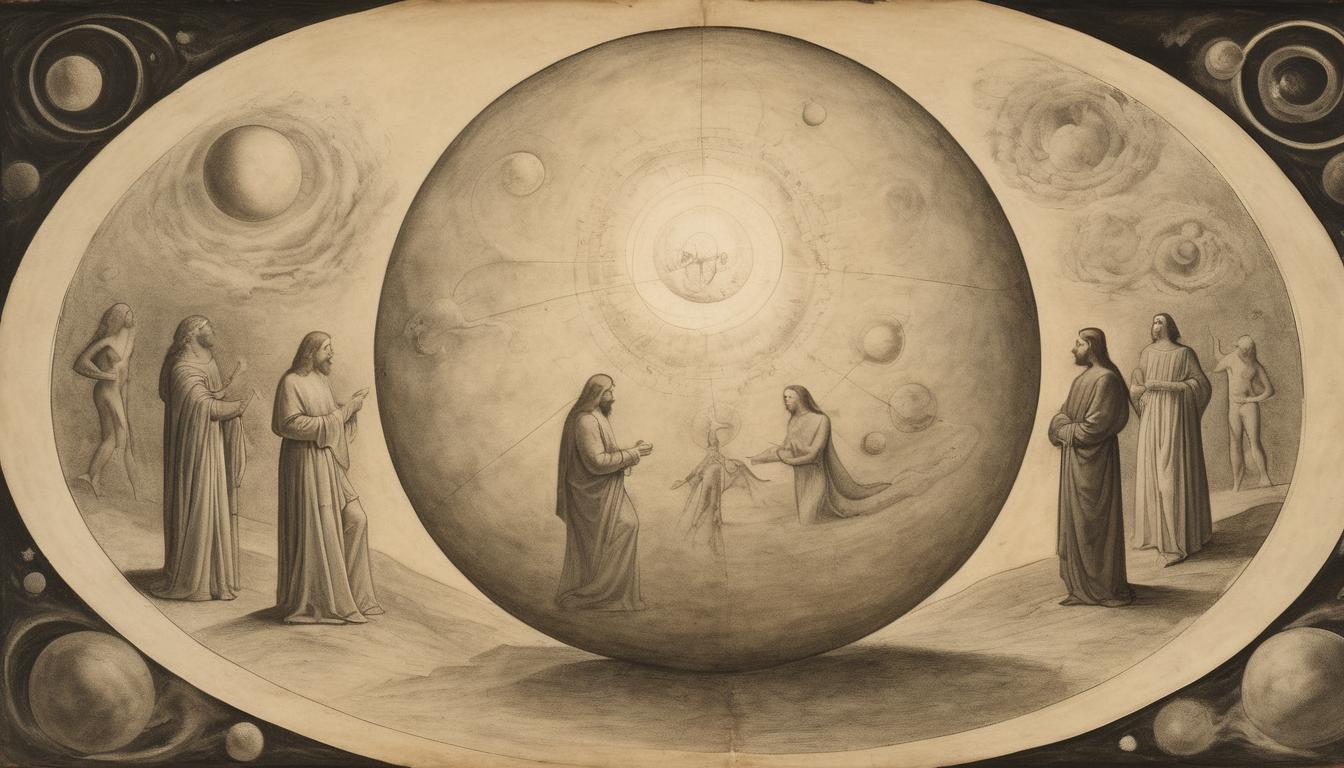  on parchment, surrealism++, a group of figures shaping a glowing, cosmic sphere, ethereal light surrounding them, influence, creation(mysterious, provocative, symbolic)++