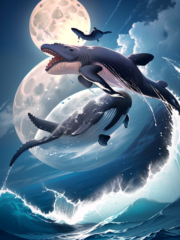  super detailed,8k,high resolution,absurd,employed,detailed,delicately composed,cinematic angles,bold composition,subtle features,{{no people:1.4}}((whale jumping in the ocean)){wide ocean,horizon,big full moon,((whale jumping big against the full moon))shimmering wave splash},top quality,masterpiece,