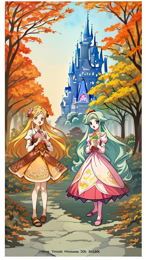  3 girls with faces in anime style, in elegant dresses, with long hair. autumn background. the background is wide., cute, funny, centered, award winning watercolor pen illustration, detailed, disney, isometric illustration, drawing, by stephen hillenburg, matt groening, albert uderzo