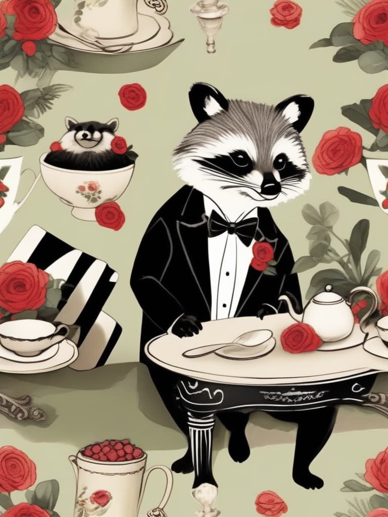  (tuxedo worn,super cute raccoon butler: 1.4),garden with roses in bloom,garden table,tea set,(super cute raccoon butler serving),