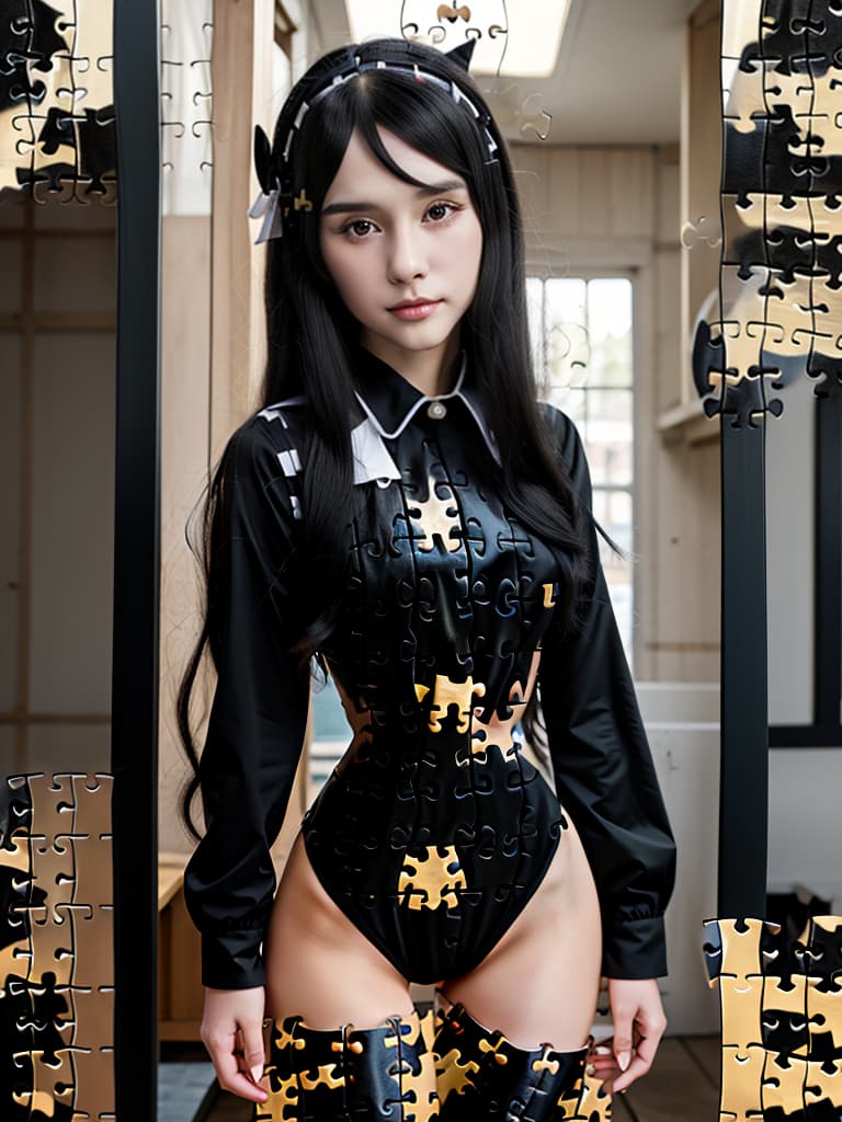  (anime jigsaw puzzle style,screen)(separated piece by piece)(master piece)(beautiful girl)(long black hair)(sailor suit black)(smile)(jigsaw puzzle style composite:1.5)((not photo))super analysis,high quality,16k