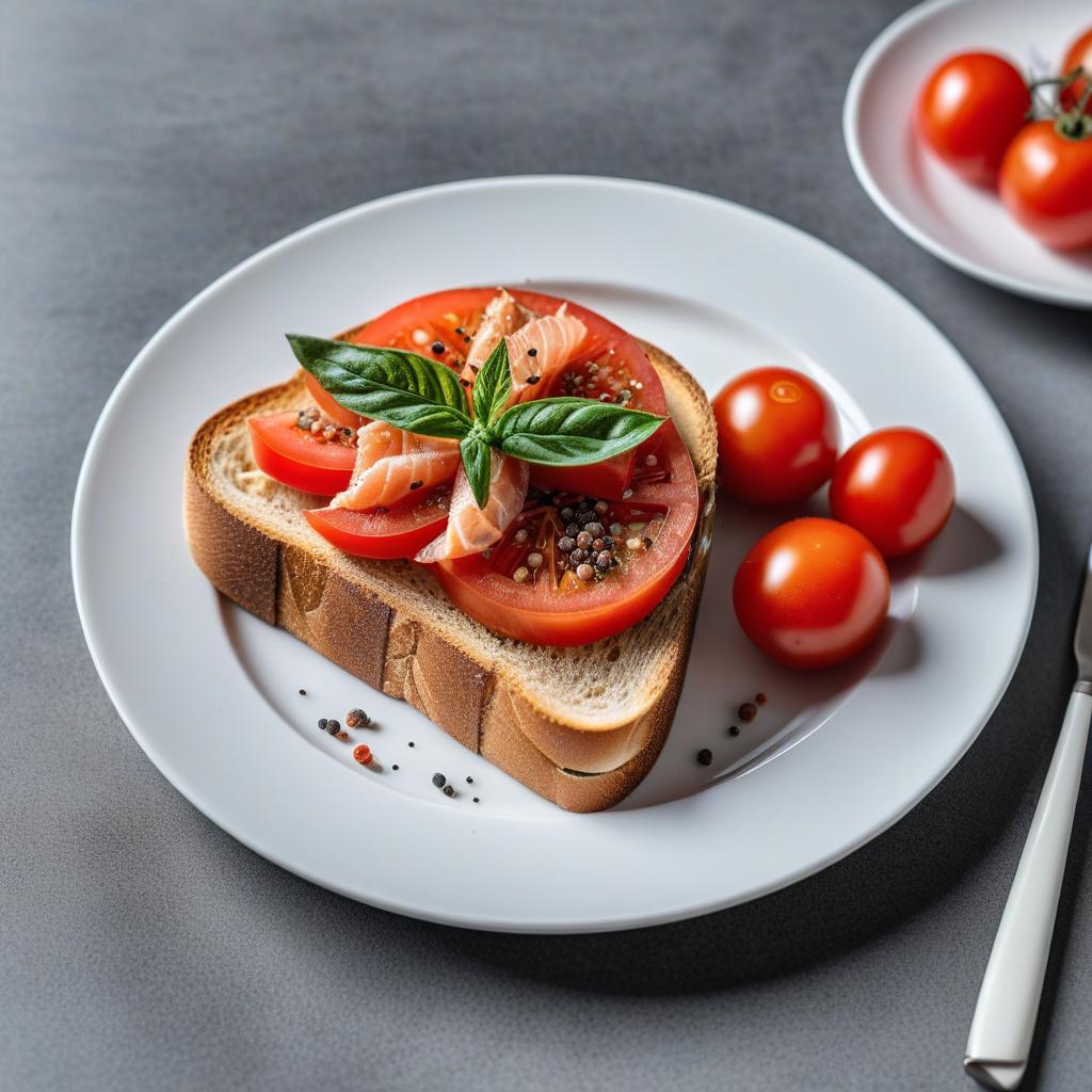  realistic close up portrait meal photo of (((Toast with tomato and smoked fish))), with (smoked fish filet, Pink sliced, Whole wheat bread, Black pepper), ((served in a white plate)), ((with white background)), (((Healthy Eating Plate))), (((Harvard Eating Plate))), ((food photography)), with macro lens, shallow depth of field, highly detailed, natural lighting, natural colors, photorealism, Canon EOS R3, nikon, f/1.4, ISO 200, 1/160s, 8K, RAW, unedited, in-frame hyperrealistic, full body, detailed clothing, highly detailed, cinematic lighting, stunningly beautiful, intricate, sharp focus, f/1. 8, 85mm, (centered image composition), (professionally color graded), ((bright soft diffused light)), volumetric fog, trending on instagram, trending on tumblr, HDR 4K, 8K