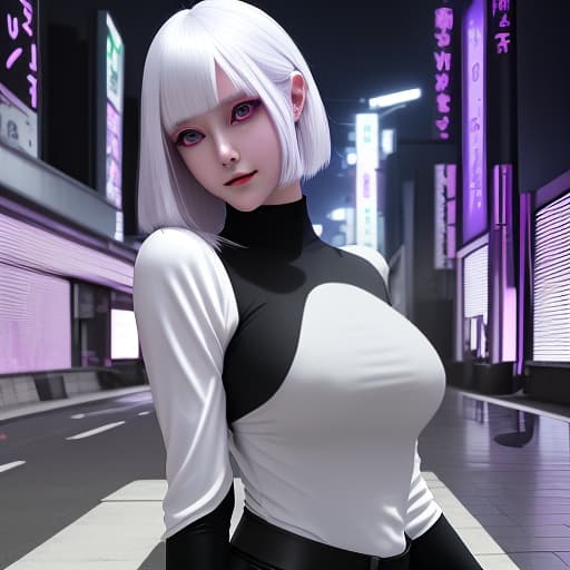  a girl in black tight pants and a white long sleeved top standing sideways. manga style, with a long white haircut in the style of cyberpunk. purple eyes. he smiles viciously. white skin, manga big eyes expressive faces colorful hair hayao miyazaki masashi kishimoto makoto shinkai clamp yoshiyuki sadamoto