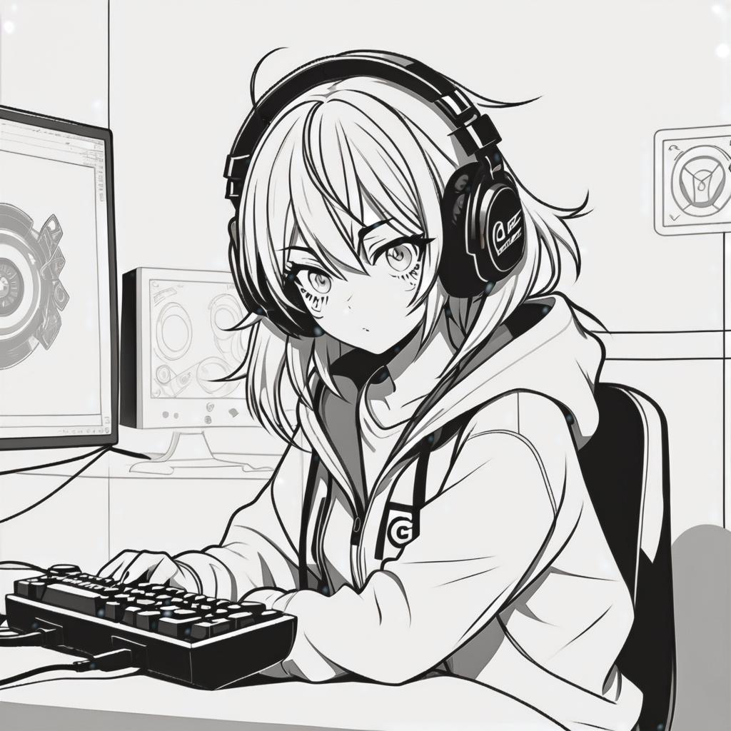  line art drawing gamer girl, same nightmare. anime style . professional, sleek, modern, minimalist, graphic, line art, vector graphics