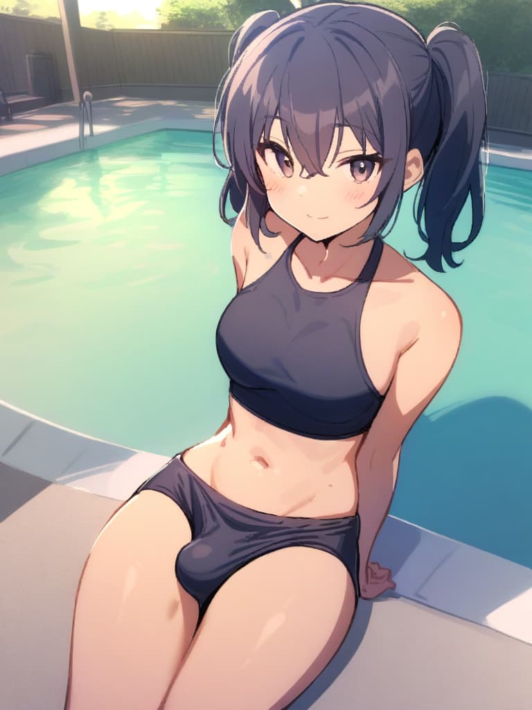  women's elementary students (male), twin tails, cute smiles, (rich s), low stature, dark blue swimwear, old swimwear, , simple (upward), male , (bulge), shaped clear , front , whole body, pool side,