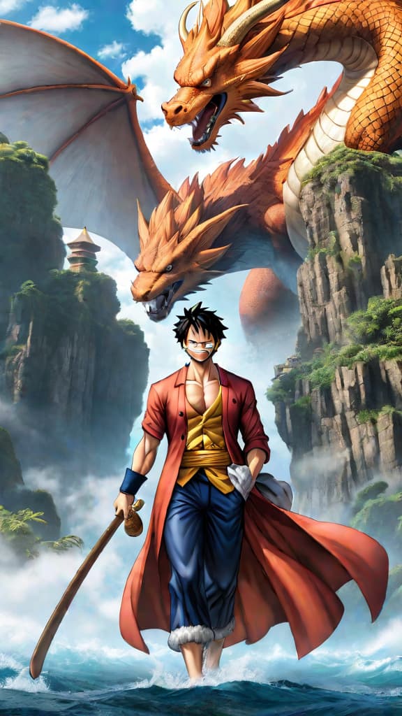  anime art: depict luffy's family ties garp, dragon, and sabo hinting at their revolutionary impact. hyperrealistic, full body, detailed clothing, highly detailed, cinematic lighting, stunningly beautiful, intricate, sharp focus, f/1. 8, 85mm, (centered image composition), (professionally color graded), ((bright soft diffused light)), volumetric fog, trending on instagram, trending on tumblr, HDR 4K, 8K