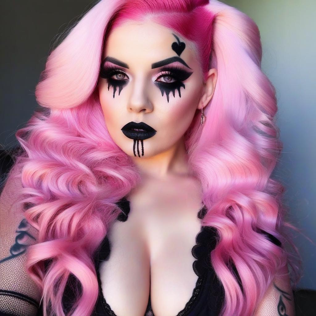  8 age women,full body shot portrait horrifying scary pale long pink hair ,full white eyes, black lips, black dripping eyeshadow tattoos,in pink cotton with pink trim