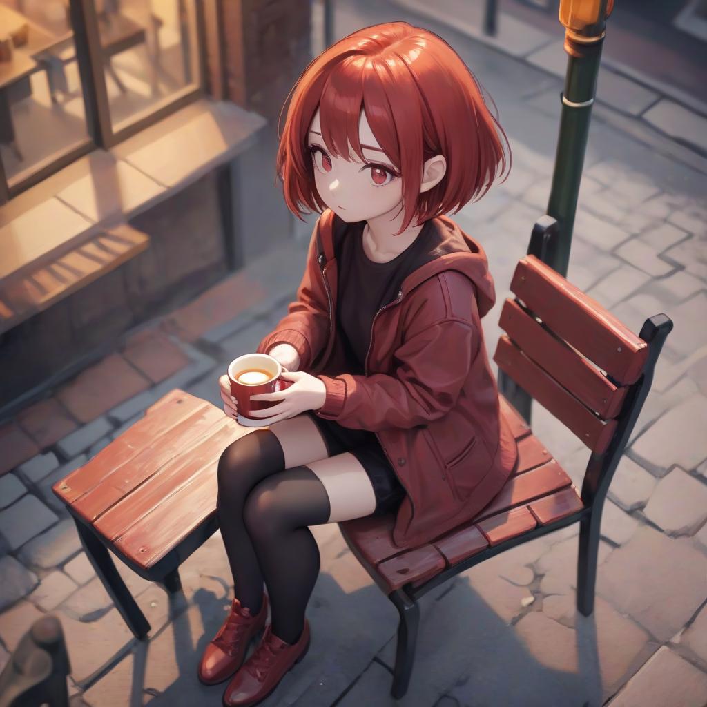  a short girl with short red hair sits on a chair and drinks hot tea. looks down to the right. evening. view from above side. street.