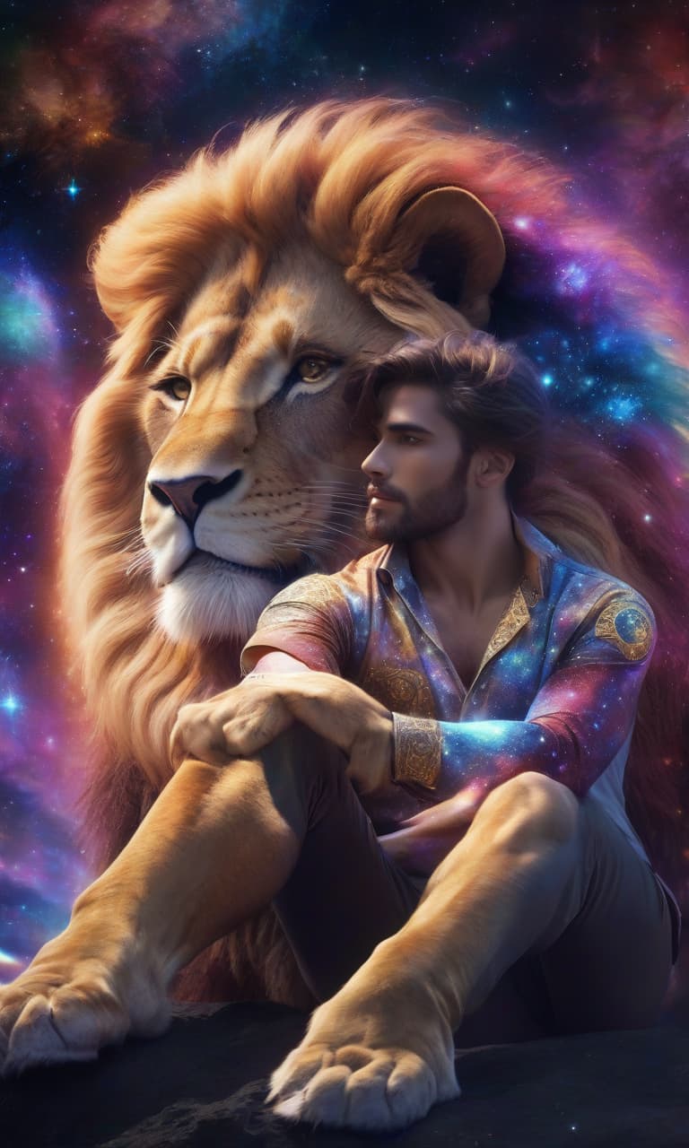  a beautiful man sits on the back of a lion, looks straight, against the background of stars and zodiac signs, around a multicolored aura, close up, 4k, realistically