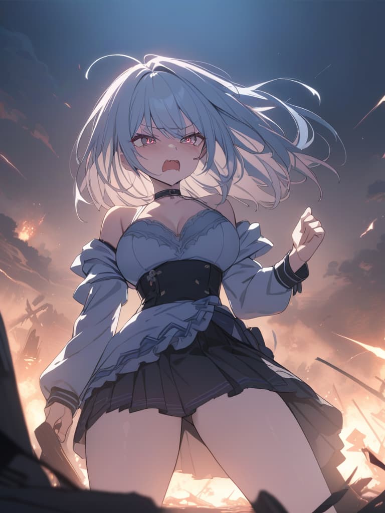  light blue hair, light blue, bob hair, darkness, hatred, angry crying, night, ending world, shouting, devil summoning, all are destroyed!, masterpiece, best quality,8k,ultra detailed,high resolution,an extremely delicate and beautiful,hyper detail