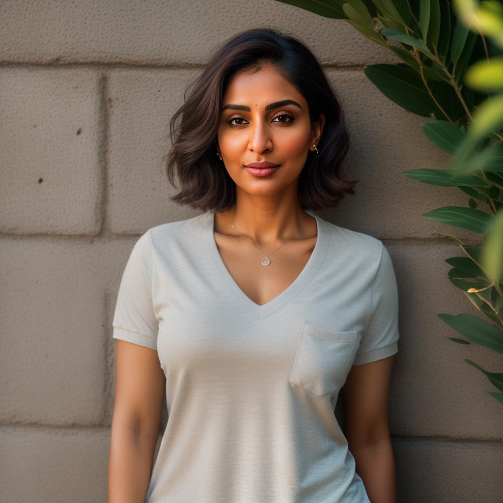  (((realistic full torso frontal head shot of a light brown to medium brown skin tone woman))), bhavna usha bhattacharya, ((indian heritage)), immature face, hazel eye color, ((short hair style)), (( hair color)), (( body type)), small size, small size, (immature broad flat nose), (immature prominent cheeks), (immature smooth jawline), (immature medium lips), (immature high forehead), (immature natural eyebrows), (immature dimpled chin), standing straight looking directly into the camera,((wearing fitted polo shirt with deep v neck and monogrammed pocket)), backyard in background, 1girl, best quality, highest quality, award winning photo, masterpiece, raw, professional photography, photorealism, sharp focus, ci hyperrealistic, full body, detailed clothing, highly detailed, cinematic lighting, stunningly beautiful, intricate, sharp focus, f/1. 8, 85mm, (centered image composition), (professionally color graded), ((bright soft diffused light)), volumetric fog, trending on instagram, trending on tumblr, HDR 4K, 8K