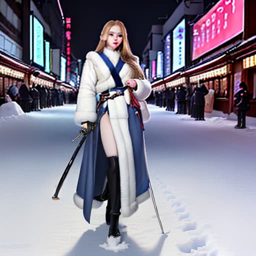  a girl with long dark blond hair, blue eyes, fluffy eyelashes, plump lips, stands full length in the middle of the street in seoul at night, she has a katana in her hands, winter and snow on the street