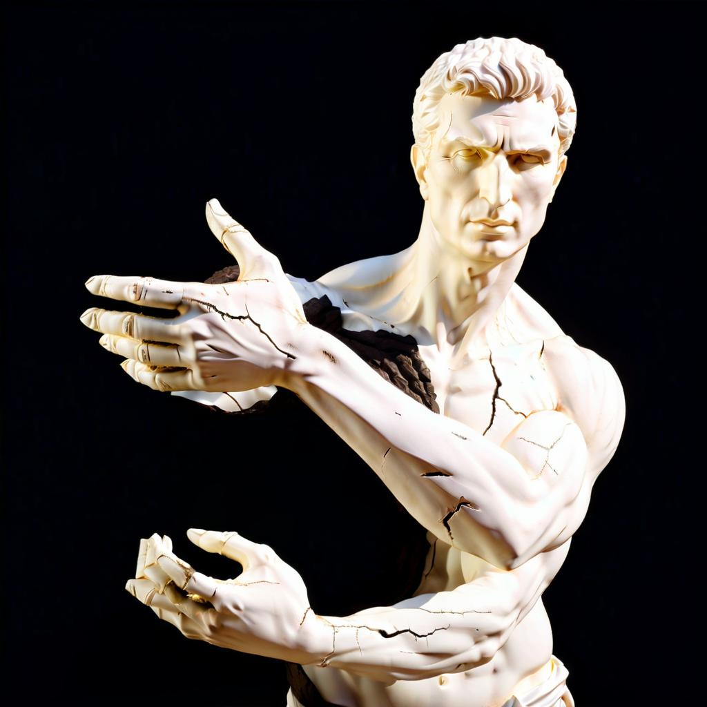  hyperrealistic art black background, man, white statue, covered by large and small cracks, hands widely divorced, looking straight. . extremely high resolution details, photographic, realism pushed to extreme, fine texture, incredibly lifelike, film photography style hyperrealistic, full body, detailed clothing, highly detailed, cinematic lighting, stunningly beautiful, intricate, sharp focus, f/1. 8, 85mm, (centered image composition), (professionally color graded), ((bright soft diffused light)), volumetric fog, trending on instagram, trending on tumblr, HDR 4K, 8K