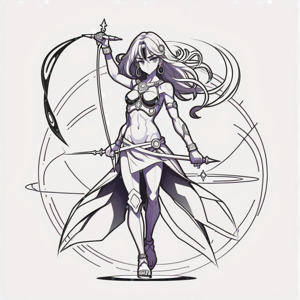  line art drawing libra girl, battle stance, same nightmare. anime style . professional, sleek, modern, minimalist, graphic, line art, vector graphics