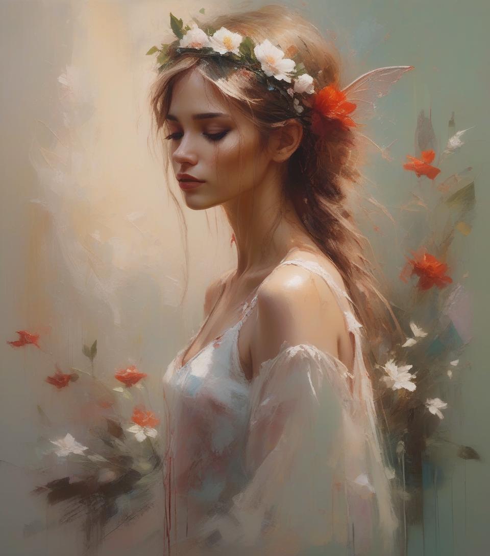  hyperrealistic art ((amazing quality, award winning, intricately detailed, ultra realistic, extremely detailed 8k)), ((oil painting by henry asencio)) portrait of fairy, floral headband, faded art . extremely high resolution details, photographic, realism pushed to extreme, fine texture, incredibly lifelike