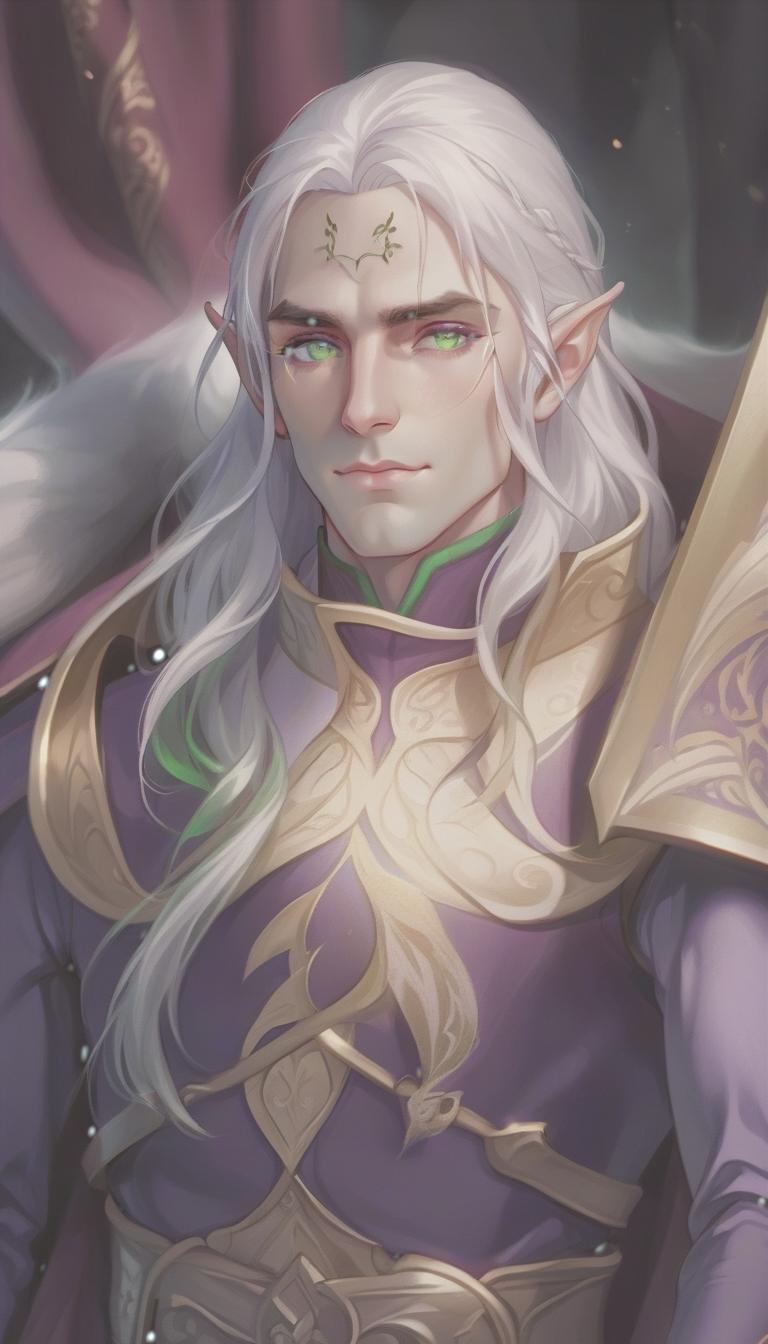  breathtaking man, elf, long white hair, green eyes, purple clothes . award winning, professional, highly detailed