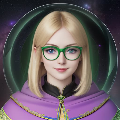  digital photo, russian woman over the age of 50, round face, slavic type with a round chin, plump cheekbones, large wide set eyes with an almond shaped incision, blonde hair, caret haircut, black cape with green stripes. glasses with transparent glasses and a narrow rectangular frame of lemon green color, with kind eyes and a kind closed smile raised corners of the lips among stars and planets in purple clouds, haze