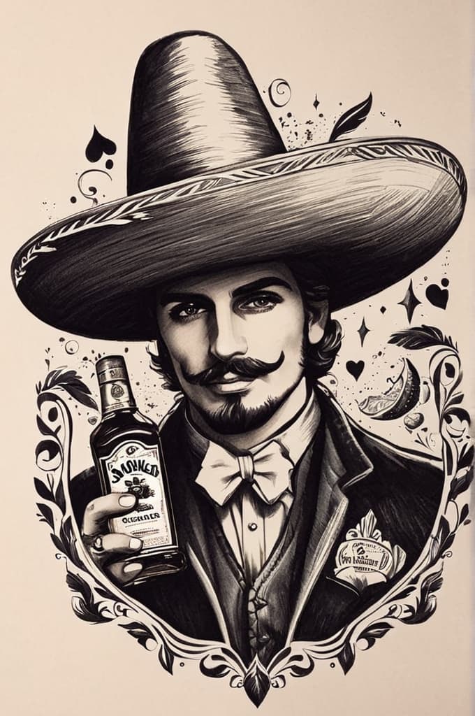  mexican man, sombrero hat, hafl showing face with whiskey bottle, (tattoo sketch:1.25), drawing