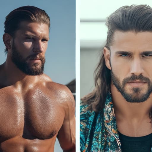 portrait+ style WWE superstar queer brunette hunk dude face